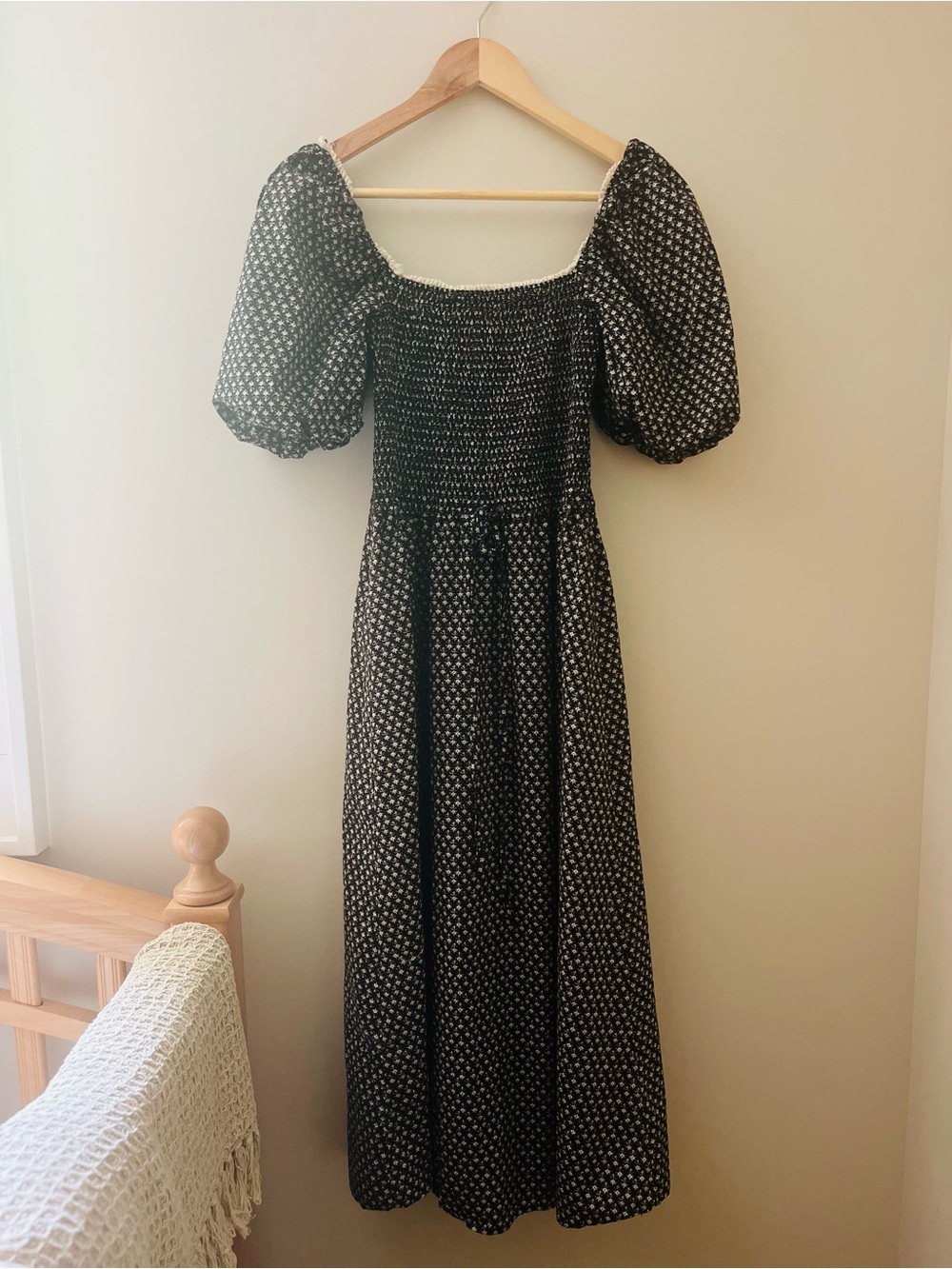 Black Puff-Sleeve Smocked Midi Dress with White Floral Print